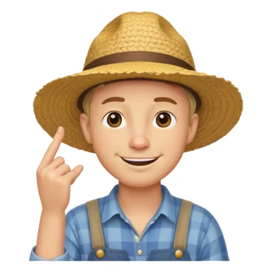 “A single emoji-style character combining 👨‍🌾😄 and 🤔: a smiling farmer with a straw hat, one hand under his chin in a strong thinking gesture, eyes looking upward thoughtfully, expressive face, clean flat emoji design, bold outlines, soft colors, transparent background.” sticker