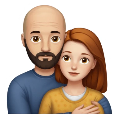Couple. Bald man with dark brown-black beard. White woman with many small, faded freckles, she has white skin and she has auburn-yellow-brown-cinnamon, dark long hair. She has light brown eyes. The man have hazel eyes. Retro style. They hug. sticker