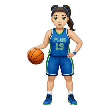 full body plus size light skin  latino women basketball player with wavy dark hair in pony tail wide nose wearing blue uniform with green accent sticker