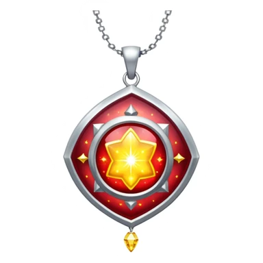 cosmic talisman: red-yellow glowing pendant, liquid silver chain, stardust particles sticker