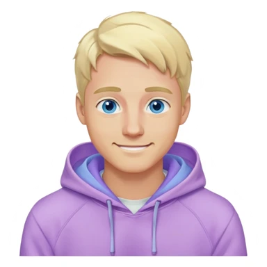 smiling blonde man with blue eyes in a lilac hoodie sticker