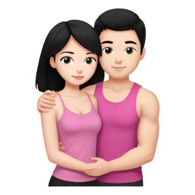 a pretty bratz fair girl. black hair, wearing a pink cami top, she is hugging a handsome fair guy with black hair. lean but muscular. is wearing a black tshirt sticker