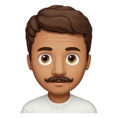 Make a short brown man with a mustache below the nose and on the chin, big eyes, a small mouth, wavy hair, and a white shirt. sticker