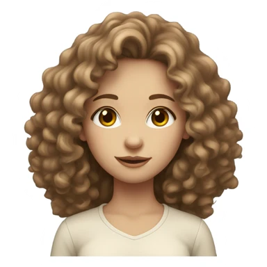 pale girl with long curly brown hair. Brown eyes and a fluffy shirt sticker