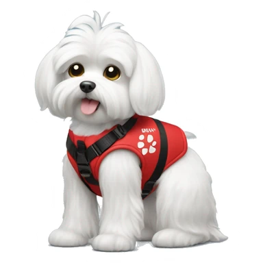 Maltese wearing a red service dog vest with to bleck straps one in the front one around the belly  sticker