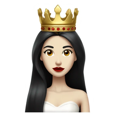 Queen with pale skin, long black hair, bright red lips, skinny gold crown, white dress, and evil stare.  sticker