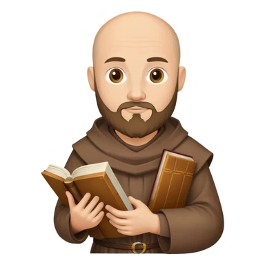 A medieval monk with a 3 day beard and a book sticker