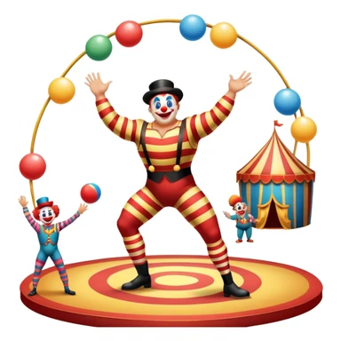 Icon for Circus Arts: a vibrant round circus arena with a strongman in a striped costume,  juggler and a clown performing. The icon should convey the excitement and fun of circus performances, with focus on the performers and the colorful setting. Transparent background. sticker