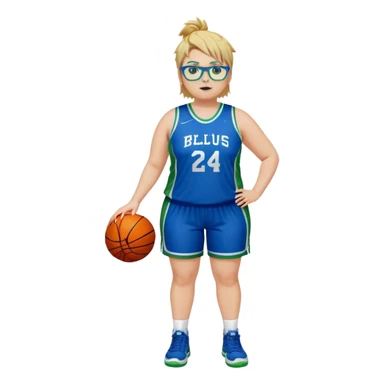 Full Body white plus size Girl with basketball spikey short brown and blonde hair  wearing blue glasses with green eyes wearing blue and green basketball uniform sticker