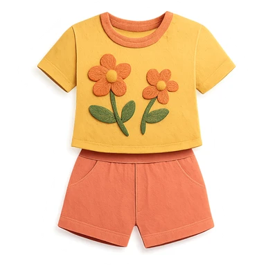 illustration of a women's short and tee shirt set with a floral pattern in paper-craft style sticker