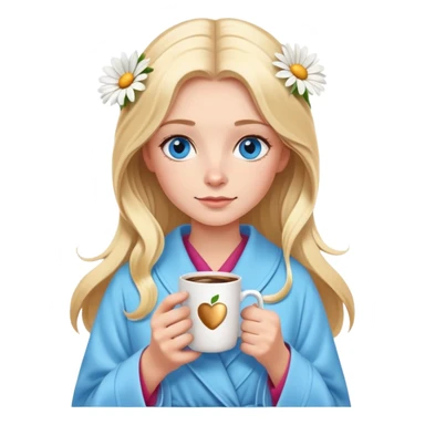 girl
blue eyes
long blond hair with daisy in hair
wearing housecoat
holding a mug of coffee
wearing rose gold apple watch  sticker