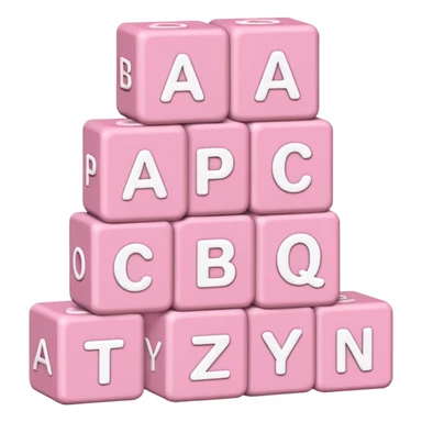 three Light pink and white toy alphabet blocks stacked with different letters sticker