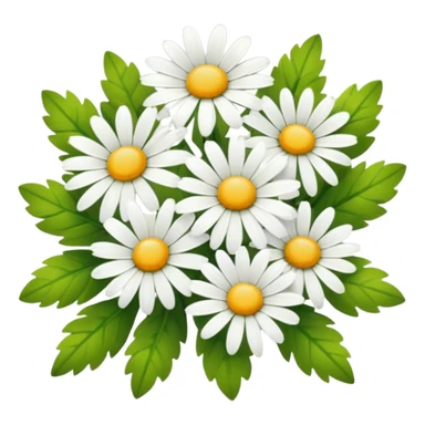 cluster of white daisies with yellow centers and green leaves, smooth and glossy look, transparent background sticker