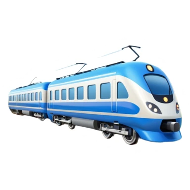 A 3D cartoon sleek white bullet train on tA 3D cartoon passenger train with blue carriages and visible windows, moving through countryside, Memoji-style.racks, high-speed motion blur, clean lighting, Memoji-style realism. sticker