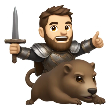 Confident armored White Man with dark brown hair and a short beard pointing forward with one arm holding a sword and yelling a battle charge while riding on the back of a giant groundhog sticker