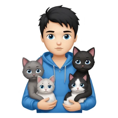 generate a pretty fair bratz boy with black messy hair holding 3 cats.  Wearing a grey hoodie sticker
