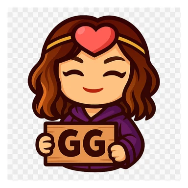 Create a chibi emote of the woman in the first reference image, in the style of the second reference image, holding a sign that says 'GG' sticker