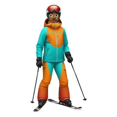 Skier wearing orange jacket and a red helmet and turquoise pants sticker