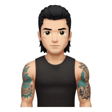 a guy with mullet and tattoos. Black hair.lean but Muscled. wearing a black sleeveless tee sticker