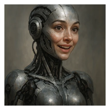 a woman AI robot, expressive face, metallic body, tech details sticker