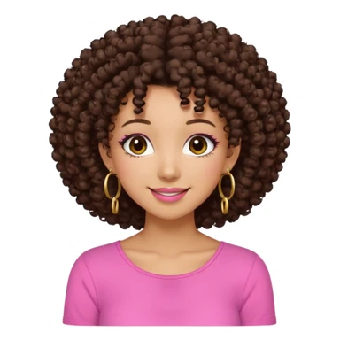 Naturally tan skin girl short darkBrown curly afropink shirt very long lashes hoop gold earrings Brown eyes gyaru smiling closed mouth cute sticker