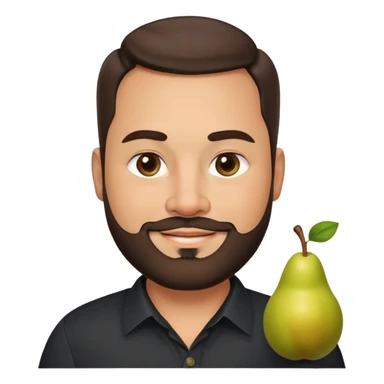 Very stocky businessman in his 40s with light brown skin, pear-shaped face, full cheeks, warm friendly smile, kind welcoming eyes, thick eyebrows, wide nose, short full beard, short dark hair, wearing a black button-up shirt sticker