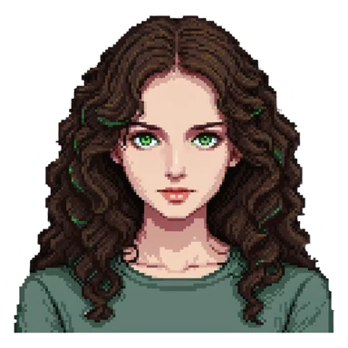 portrait of a woman with wavy dark brown hair and green eyes sticker
