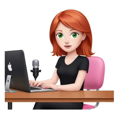 Redhead with green eyes sat at desk with pink MacBook and  podcast microphone black top and pink chair  sticker