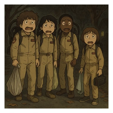 Dustin, Mike, Lucas and Will from Stranger Things dressed as Ghostbusters for Halloween, in Ghibli style with delicate strokes, thick dark contours, colored in pastel tones, with a slightly aged texture. Variation 2: all scared, dark street with fallen leaves. sticker