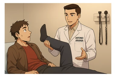 fai un webtoon manga a colori con questo stile, in cui un uomo è steso sul lettino medico e il kinesiologo con il camice bianco (fagli anche la scritta "ANTONIO ANANIA" SUL CAMICE, gli solleva una gamba per fargli il test neuromuscolare, IL KINESIOLOGO SPIEGA ALL'UOMO UNA cosa mentre gli alza la gamba. non fare i fumetti però, fai solo in modo che sembri stiano parlando sticker