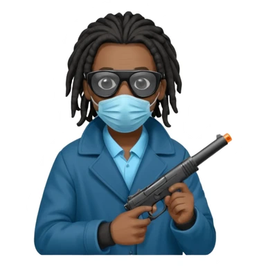 African American man with shoulder length black dreadlocks  wearing black sunglasses wearing a black bubble winter coat wearing a blue hospital mask covering mouth and nose  holding a Glock gun in hand sticker