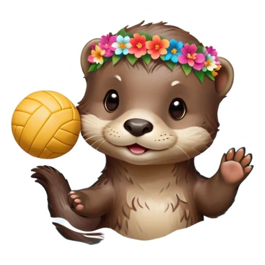 super cute baby otter with a colorful flower crown ring around its head, gentle expression, FLOATING ON EXTREMELY OBVIOUS BRIGHT BLUE WATER with exaggerated large waves, splashes and ripples surrounding the otter, baby otter holding a volleyball with both paws above the very prominent water sticker