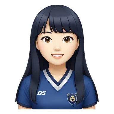 East Asian woman with long black straight hair and bangs wearing navy and white Doosan Bears team colors, cheering sticker