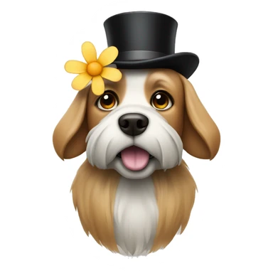 A dog with top hat looking at flower sticker