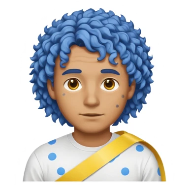 Make me an emoji that has a guy with a white shirt and yellow tape around the shirt with brown and blue spots hair make the hair curly make the yellow tape go around it sticker