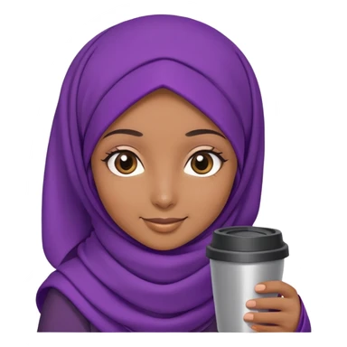 A hijab girl with big brown eyes and purple scarf,with small smile,and a travel mug in her hands. sticker