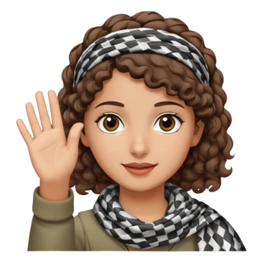 Palestinian girl emoji style, waving, short curly brown hair, wearing a keffiyeh headband, friendly face, plain background sticker