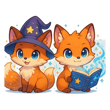 chibi anime style fox duo, both magical, one with a wizard hat, the other with a magical book, cute, colorful, detailed sticker