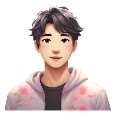 Gorgeous bright sparkly romantic Asian anime style guy with blushing face and flowers aesthetic trending style outside sticker