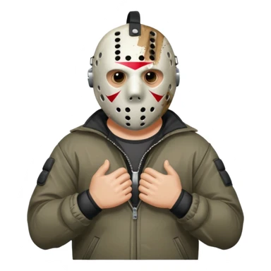 a cartoon image of Jason Voorhees, looking cute, with his hands clasped in front of him, at a sideways angle sticker