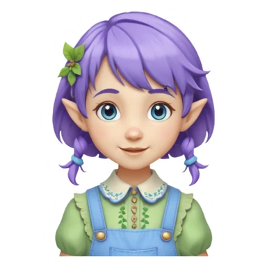 Kind happy whimsical quirky Girl toymaker, wood carving elf. Woodland nature creator. Blue eyes. Short bob, brown wavy hair with bangs. Whimsical playful cute. Overalls with nature embroidered cute shirt collar. Light green, light purple and light blue colour aesthetic  sticker