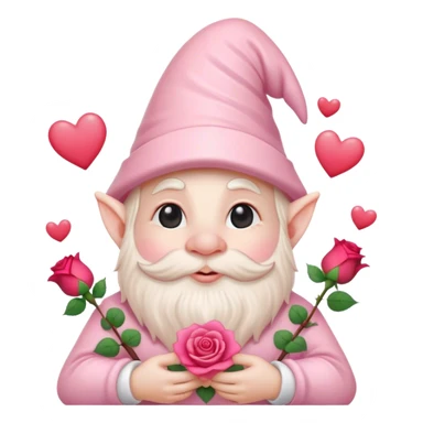 An adorable little pale pink Valentine’s Day style gnome with a rose and hearts in the background sticker