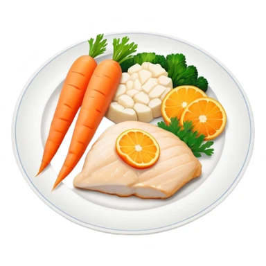 A plate with chicken, fish fillet, and bright orange carrots, with vitamin A nutrition labels sticker