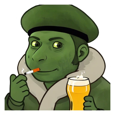 A russian man holding a beer and a cigarette sticker