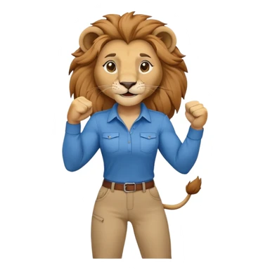 friendly anthropomorphised female lion in a shirt and pants with fist raised, energetic pose sticker