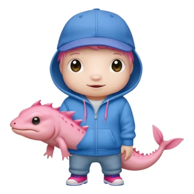 An anthropomorphic. Axolotl with a hoodie and a baseball cap with blue jeans. sticker