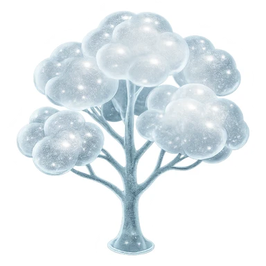 one tree with many branches and a white trunk, crown made of small very bright white fluffy convex clouds, matte glass style sticker