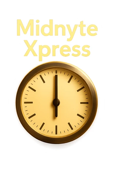 Add a glowing effect around the clock and the text 'Midnyte Xpress', keeping the realistic look and transparent background. Maintain the realistic style and enhance the glow effect around both the clock and the text for emphasis. sticker