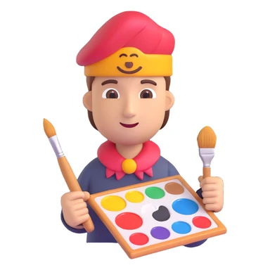 a chief of creative character, professional yet imaginative, holding a paintbrush and palette, artistic elements, 3D emoji style sticker