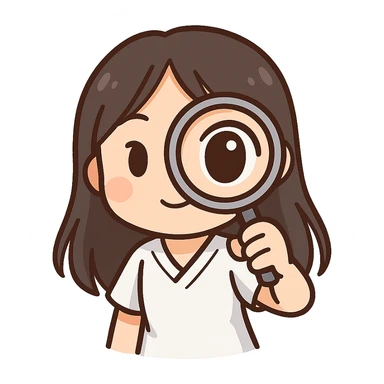 3D chibi bitmoji style sticker of a girl with long dark hair, white medical top, looking at the viewer through a magnifying glass, face close to the screen, one eye enlarged, white outline, transparent background sticker